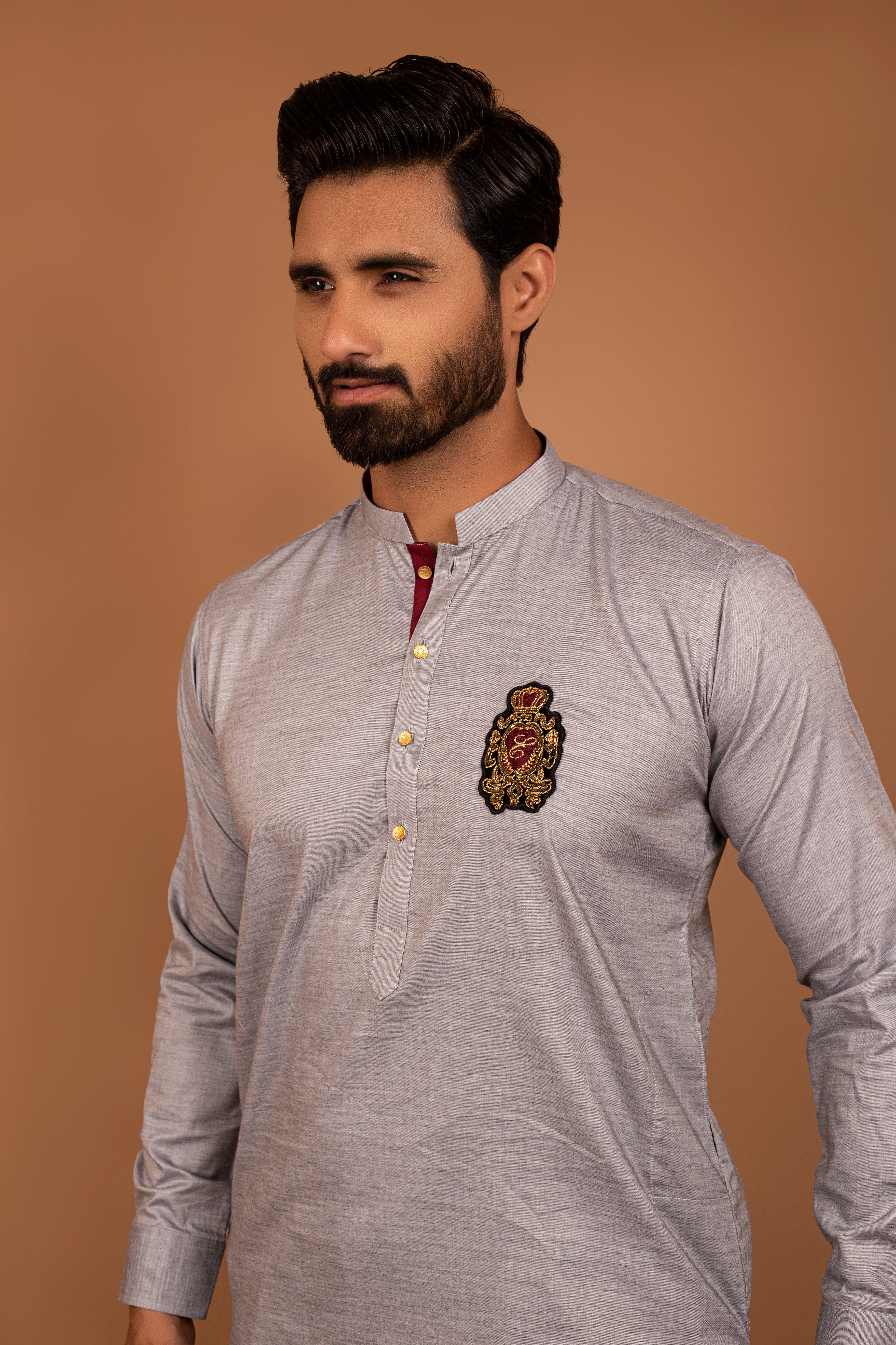 DM 348 Feather Grey Slim Fit Kurta Pajama with Emblished Motif on Front