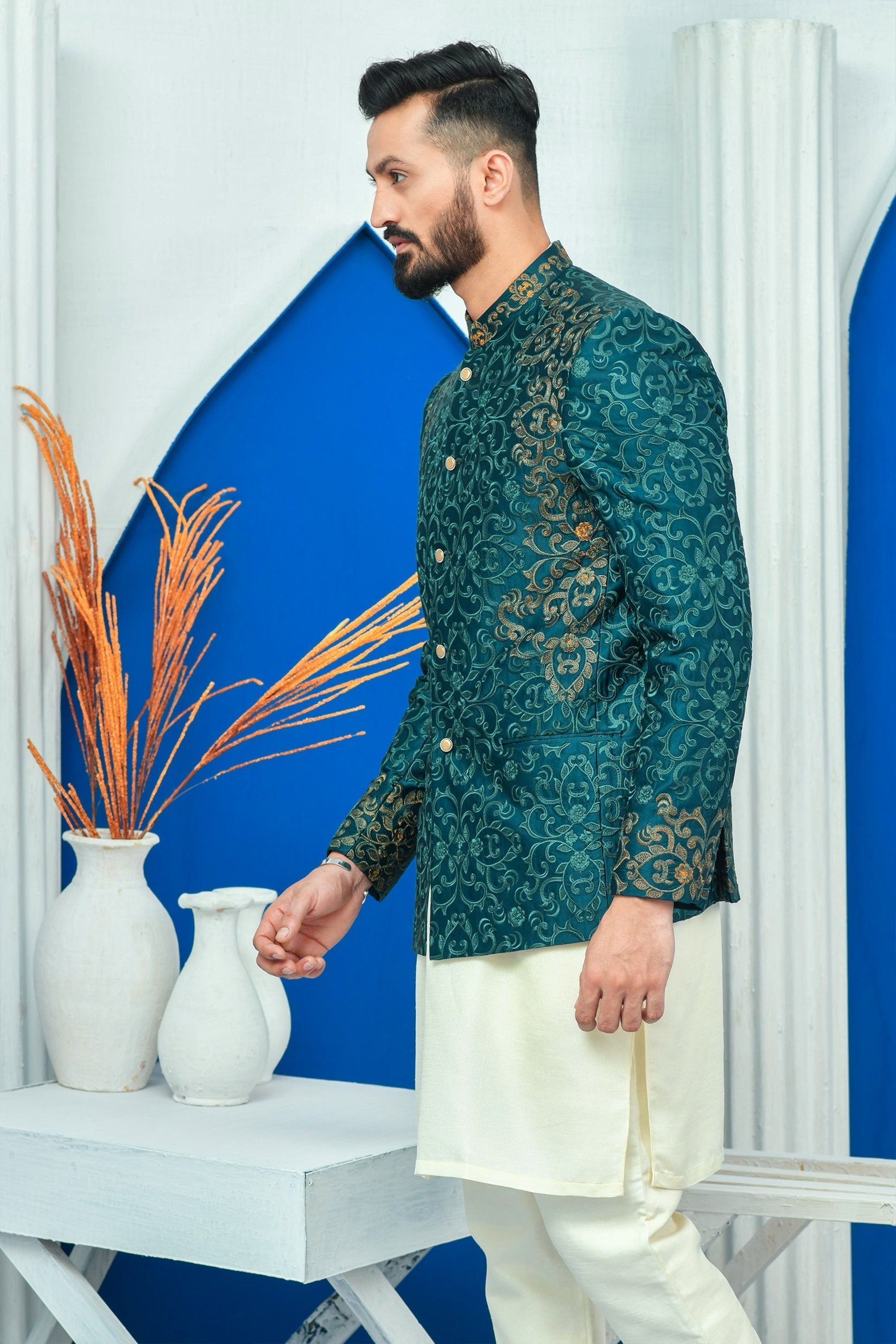 DM PC 2026 Royal Green Side Embroided Prince Coat with Zari work