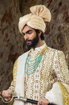 Saphire Gold Sherwani With Turban Shawl And Kurta Pajam