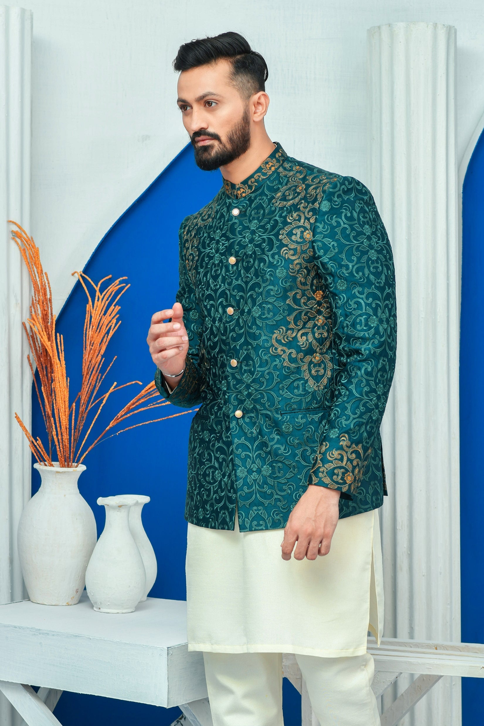 DM PC 2026 Royal Green Side Embroided Prince Coat with Zari work