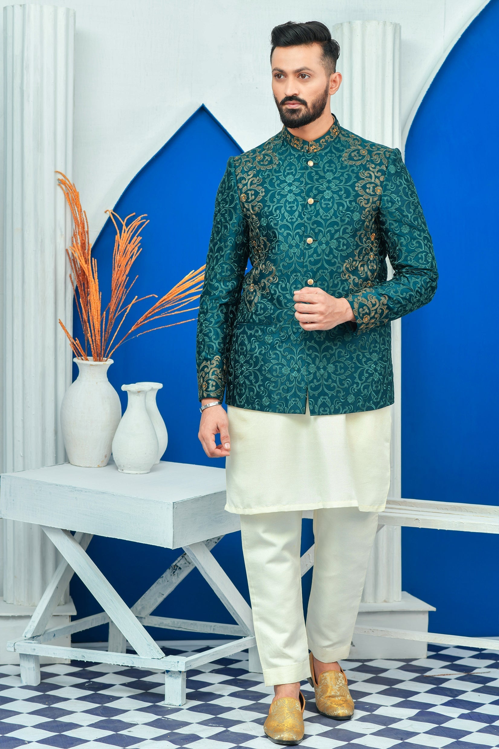 DM PC 2026 Royal Green Side Embroided Prince Coat with Zari work