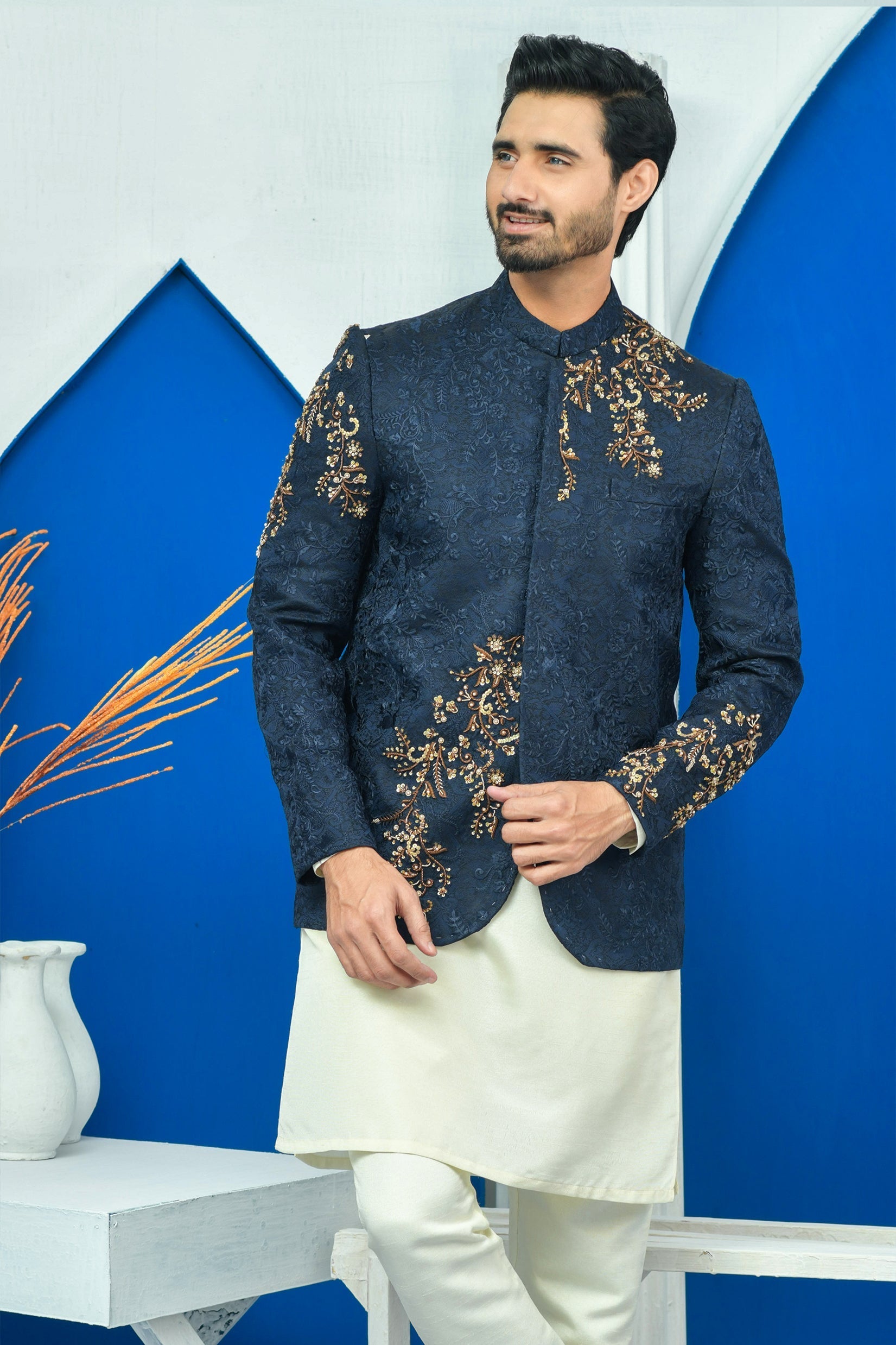 DM PC 2022 Navy Blue Kora Dabka Hand Embroided Prince Coat